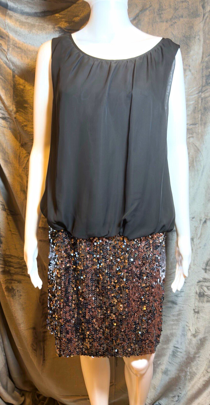 Adrianna Papell Bl Chiffon Sequin Sheath Dress Sleeveless Lined Zip NYE Sz 10